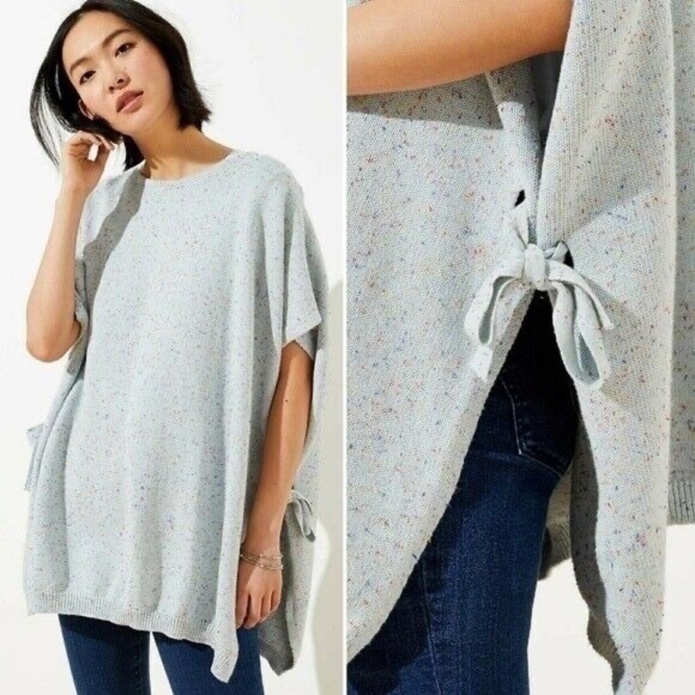 LOFT Sweater Poncho XS/S Pastel Blue Confetti Speckled Cotton Knit Oversized